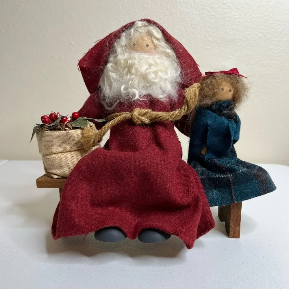 Vintage Lizzie High Wooden Folk Dolls Removable Santa Child Bench Handcrafted